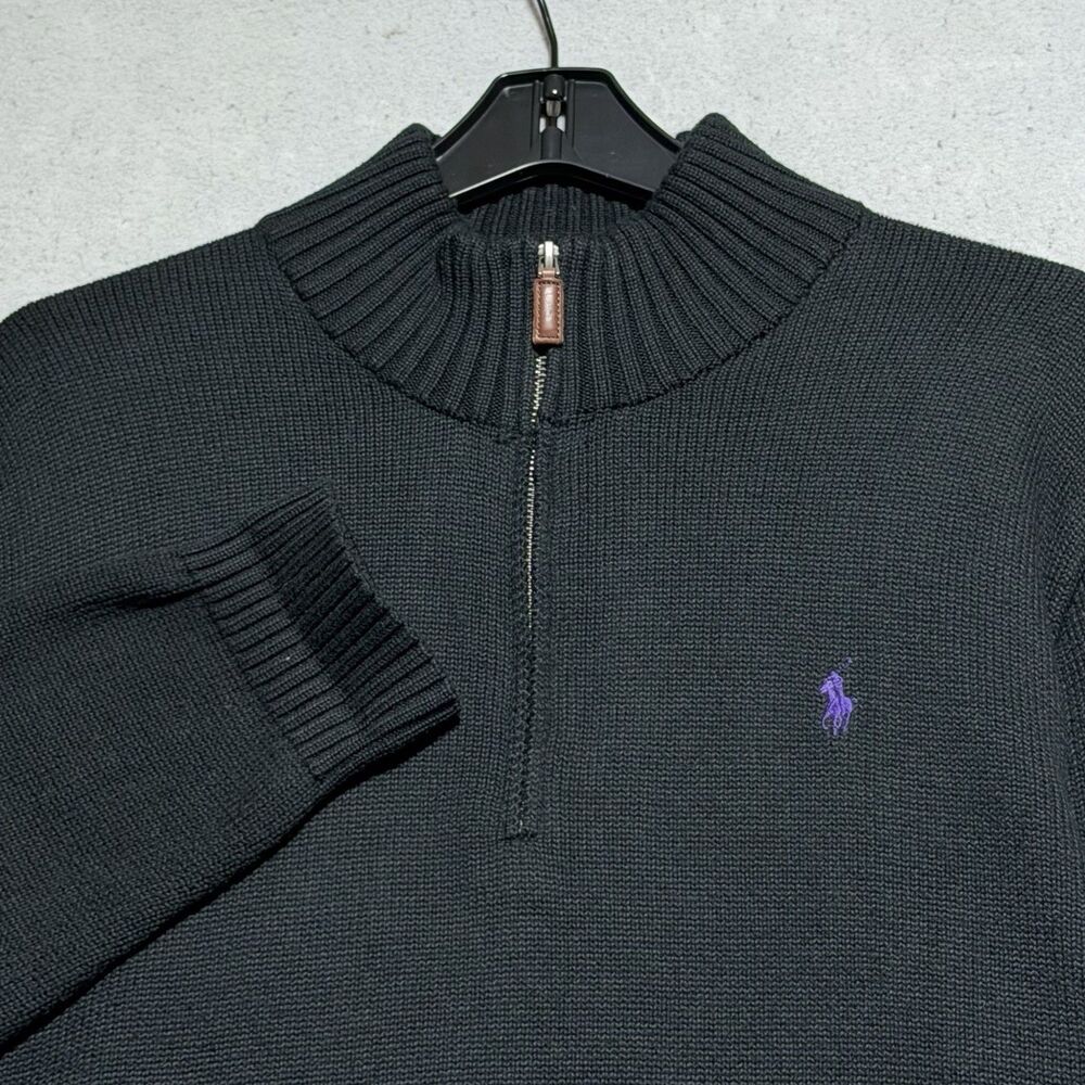 Polo Ralph Lauren Pullover 1/4 Zip Sweater Mens Size XL Black Knit Purple Pony